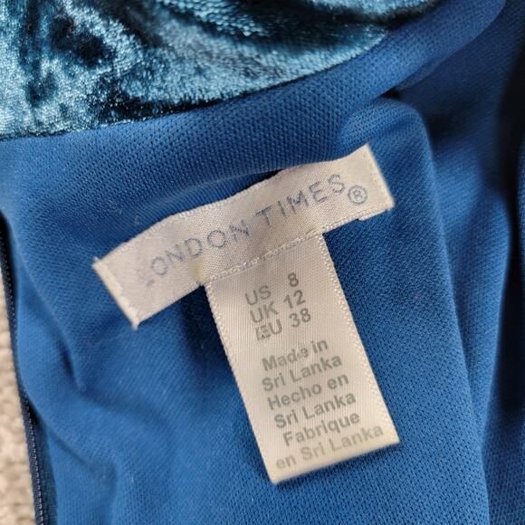 London Times Velvet Burn Out Dress Womens 8 Blue Cutout V Neck Band Collar Party - Picture 15 of 15